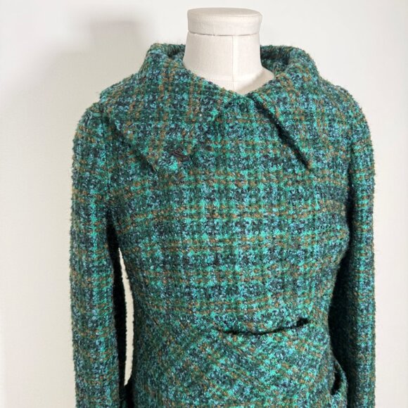 Vintage Green Tweed Coat Plaid Long Coat Wool  Unique Artsy S - Picture 2 of 11